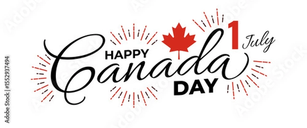 Fototapeta Happy Canada Day celebration on July 1st. Modern typography with a red maple leaf and firework elements. Usable for banners, posters, greeting cards, and social media post