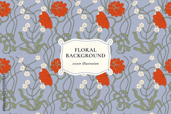 Fototapeta Vintage card with red and white flowers. Floral wreath. Decorative flowers background with label designs. Seamless pattern
