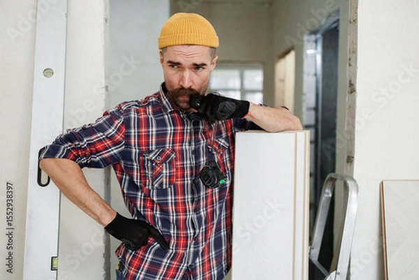 Fototapeta construction worker guy with a drill on a white wall background.master for an hour. construction worker guy with a drill on a white wall background.master for an hour. laying laminate flooring in an a