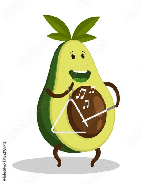 Obraz Cheerful musician avocado fruit plays a melody on a musical triangle by striking a thin metal stick. Cartoon vector isolated on white background