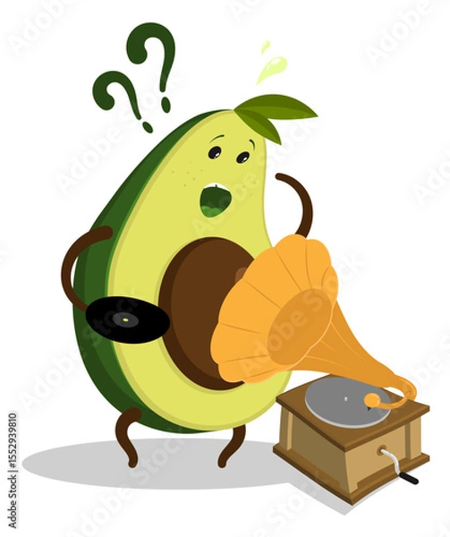 Obraz Surprised frustrated avocado character confused holding a vinyl record in his hand and not understanding how to use an old music gramophone. Cartoon vector isolated on white background