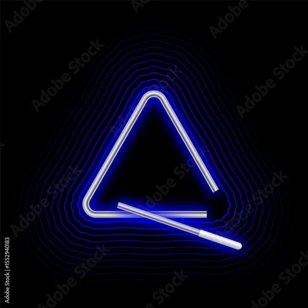 Obraz Triangular musical instrument glows in the dark with neon light and vibrating at different frequencies from the blow of a short metal stick. Realistic vector isolated on black background