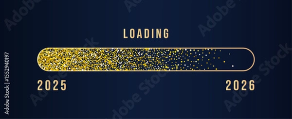 Obraz 2026 Happy New Year Background. Loading bar with flowing golden dots particles on dark blue background . Vector Illustration for New Year 2026greeting card, banner, poster, flyer festive design.