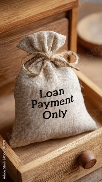 Fototapeta Burlap sack labeled "Loan Payment Only" tied with a string, placed inside a wooden drawer.