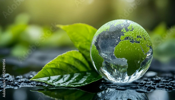 Fototapeta Concept of World Water Day. Transparent glass globe with continents in raindrops. Green leaf protects from rain. Eco-friendly background. Environmental protection and ecology concept