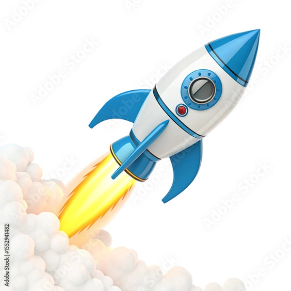 Fototapeta Cartoon rocket ship launching with blue accents and smoke against a black background in illustration created with generated ai