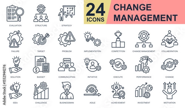 Obraz Change Management Icons set vector illustration. Containing evaluation, strategy, implementation, collaboration, investment and more. Simple line icons collection.