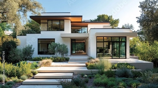 Obraz Bright White Exterior with Modern Landscaping --