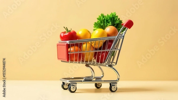 Obraz A consumer shopping cart filled with colorful vegetables and fruits on a light beige background