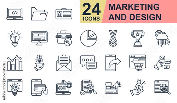 Obraz Marketing And Design Icons set vector illustration. Containing folder, idea, tool box, medal, trophy and more. Simple line icons collection.