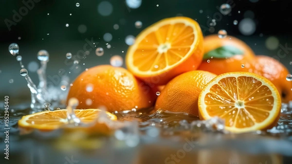 Obraz Juicy ripe cut oranges fall into the water, forming a splash