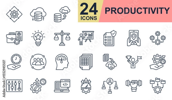 Obraz Productivity Icons set vector illustration. Containing automated process, professional portfolio, save time, organization, improvement and more. Simple line icons collection.