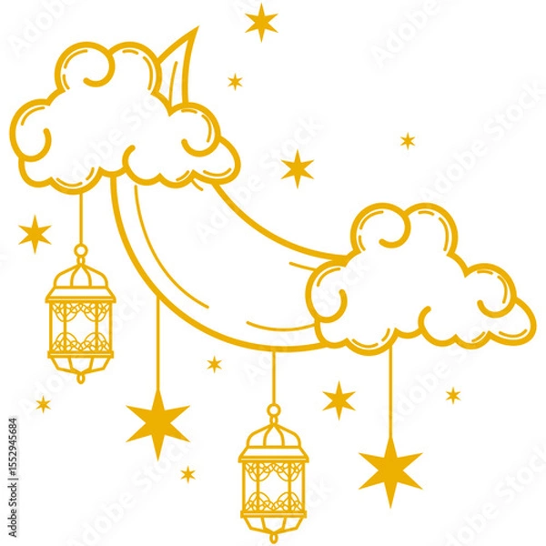 Fototapeta Lantern With Crescent Moon and Cloud. Composition with crescent moon lantern, cloud and stars for islamic holy month decoration. Decorative 3d elements for Muslim holidays