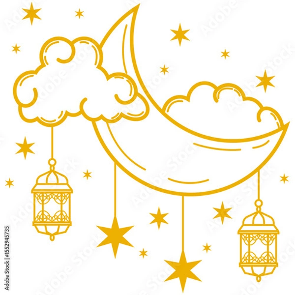 Fototapeta Lantern With Crescent Moon and Cloud. Composition with crescent moon lantern, cloud and stars for islamic holy month decoration. Decorative 3d elements for Muslim holidays