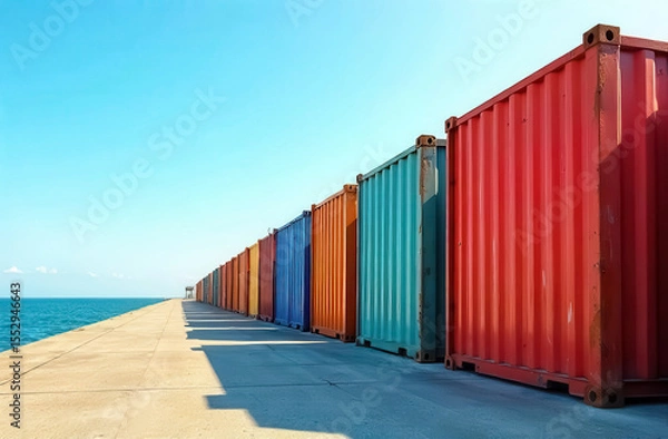 Obraz Cargo containers on the pier against the background of the blue sky, the concept of logistics import, export and transportation.