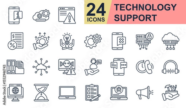 Obraz Technology Support Icons set vector illustration. Containing information, update, optimization, cloud computing, network and more. Simple line icons collection.