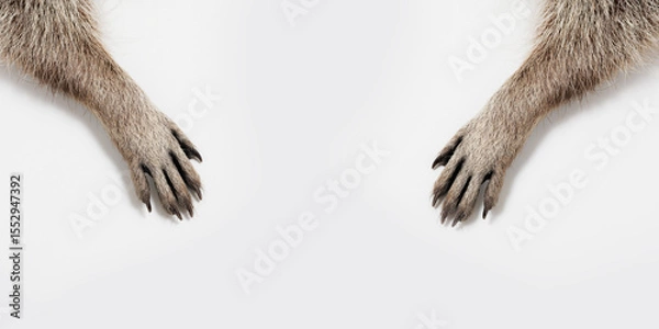 Fototapeta raccoon paws on a gray background. Free space for text. Wide angle horizontal wallpaper or web banner. 