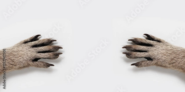 Fototapeta raccoon paws on a gray background. Free space for text. Wide angle horizontal wallpaper or web banner. 