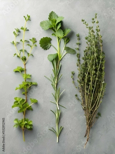 Fototapeta Collection of aromatic green herbs aligned vertically on a grey background, ideal for culinary, wellness, or botanical illustrations related to natural products