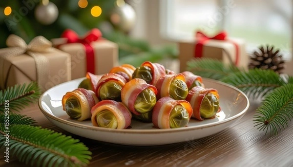 Fototapeta Christmas Streaky bacon wrapped Brussel sprouts with decoration, gifts, green tree branch on wooden rustic table