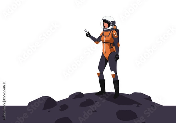 Fototapeta Astronaut explores Mars, using a tablet to monitor data. A modern, stylized illustration with a vibrant orange backdrop and rocky terrain. Perfect for tech, space, and science themes.