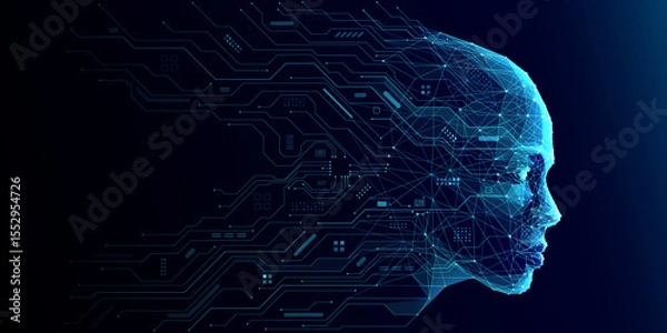 Obraz AI Humanoid Face Concept. Technology Digital Robot Head Side View with Circuit Board Components. Tech Blue Background. Artificial Intelligence Agent or Assistant Concept. Vector Digital Illustration.