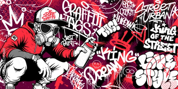 Fototapeta Graffiti background vector with throw-up, tagging hand-drawn, spray paint effect, drips style. Illustration Street art graffiti urban theme for prints, banners, and wall art.