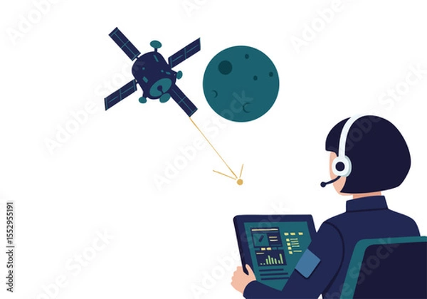 Fototapeta A professional monitors a satellite, directing operations from a control room. Modern, clean design with a focus on technology and remote oversight.