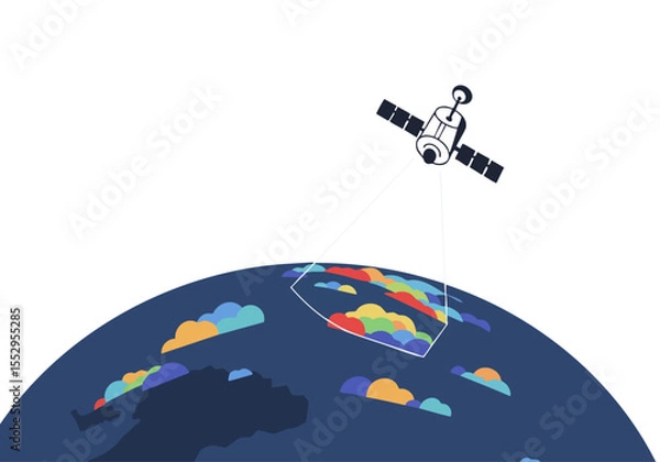 Fototapeta A satellite transmits data, illuminating a vibrant, stylized Earth covered in colorful clouds. Modern, illustrative style. Perfect for tech, environment, and global themes.