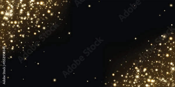 Fototapeta Add as overlay to any background or photo by using Screen mode. Golden glitter corners with glow, sparkles and bokeh. Festive frame for Christmas, New Year, invitations, celebration banners. Vector.