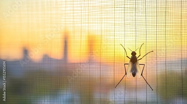 Obraz A mosquito rests on a window screen during sunset. The background features a blurred city skyline with warm colors of the setting sun.