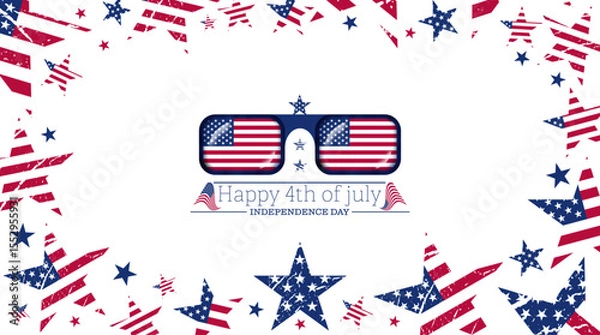 Fototapeta Abstract 3d usa flag frame, rectangle shape sunglasses with american flag, independence day text vector illustration. Travel to usa design to use for 4th july independence day, memorial day projects. 