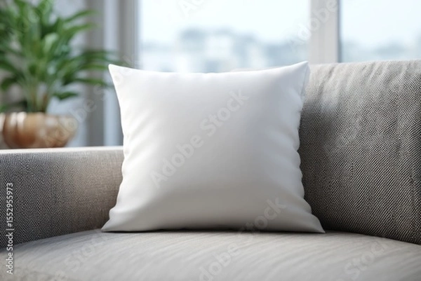 Fototapeta Blank white pillow mockup on modern sofa, soft and clean look, realistic textile detail