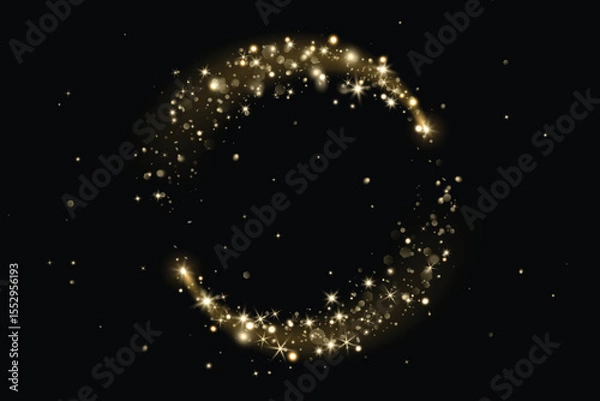 Fototapeta Add as overlay to any background or photo by using Screen mode. Golden glitter circle with sparkling lights, glow. Magic dust effect. Festive frame for Christmas, New Year cards, party posters.Vector.
