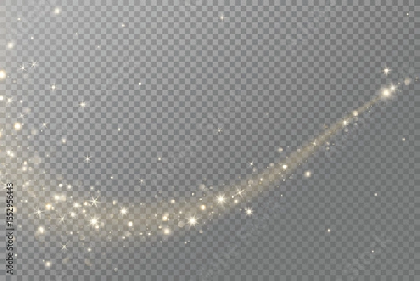 Fototapeta Golden glitter wave with sparkling lights, glow, and magic dust effect. For Christmas, party posters, celebration banners, festive photo overlays. Remove transparent background in vector file.