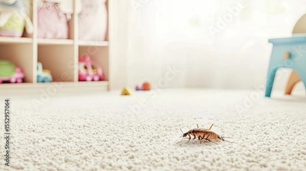 Obraz A brown cockroach crawls on a light-colored carpet in a bright room. Colorful toys are visible in the background, creating a playful atmosphere.
