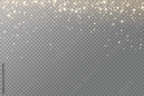 Fototapeta Golden glitter lights and glowing particles falling from the top. Festive vertical overlay for Christmas, New Year, celebration design. Remove transparent background in vector file.