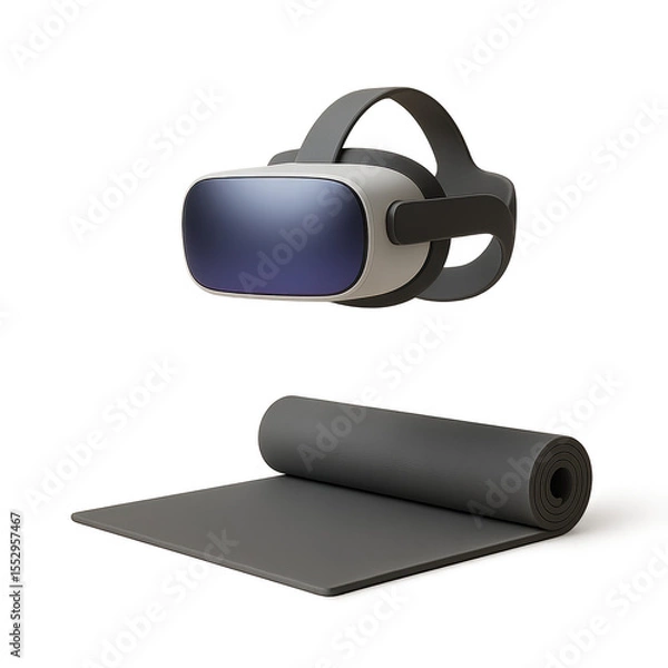Fototapeta Virtual Reality Fitness: A high-angle shot shows a virtual reality headset paired with a rolled-up exercise mat, ready for an immersive workout in a digital world.