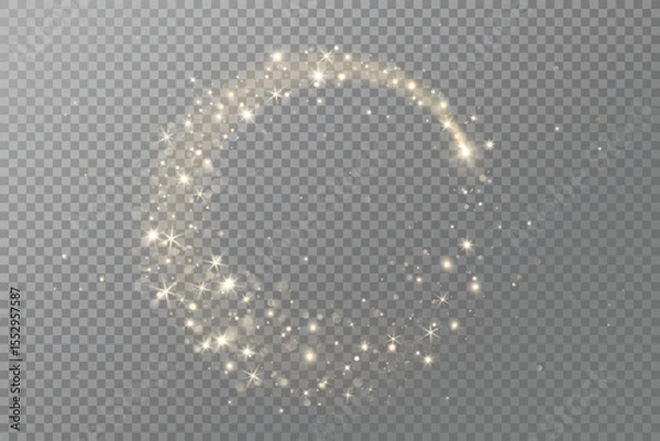 Fototapeta Golden glitter circle with sparkling lights, glow, and magic dust effect. Perfect for Christmas, party designs, celebration banners, and festive overlays. Remove transparent background in vector file.