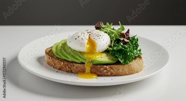Fototapeta Indulge in this vibrant avocado toast topped with a perfectly poached egg and fresh greens.