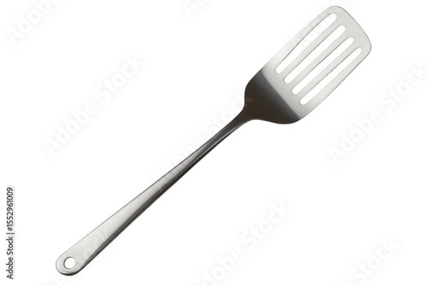 Fototapeta A gleaming metal spatula with slots and a hanging hole isolated on a transparent background