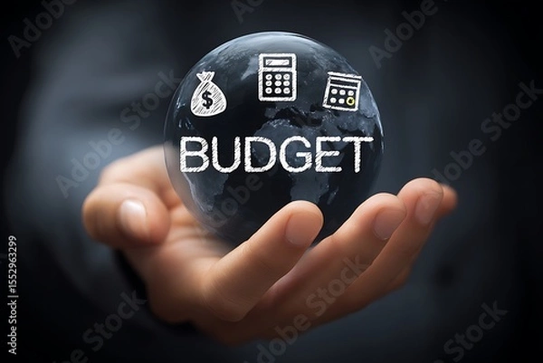 Fototapeta High quality photo of businessman holding the earth with an icon of money bag and calculator floating above it, text "BUDGET", financial concept on black background. Businessman.