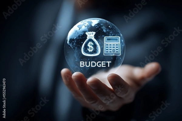 Fototapeta High quality photo of businessman holding the earth with an hologram icon of money bag and calculator floating above it, text "BUDGET" on black background. The concept symbolizes.