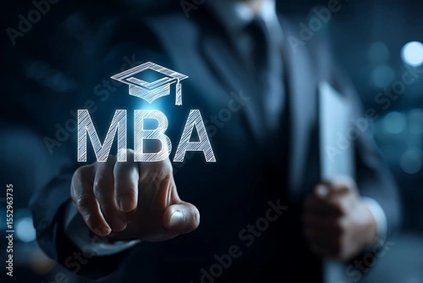 Fototapeta High quality photo of digital icon of an MBA degree floating above a hand on a screen, with "MBA" written in white font below it. The background is blue, with a business person.