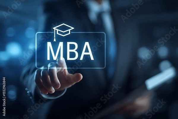 Fototapeta High quality photo of digital icon of an MBA degree floating above a hand on a screen, with "MBA" written in white font below it. The background is blue, with a business person.
