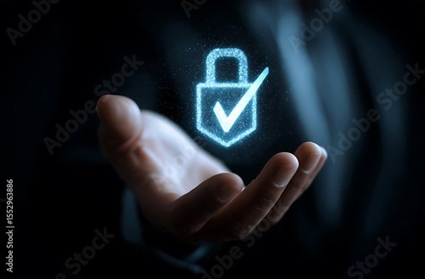 Fototapeta High quality photo of hand holding a security icon with a padlock and check mark symbol on a black background. A businessman is showing a virtual, futuristic, and modern technology.