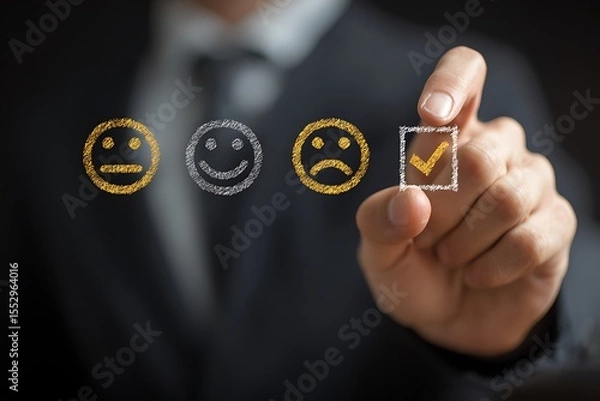 Fototapeta High quality photo of hand of a businessman touching a smiley face symbol in one check box among sad, neutral, and happy faces with a blurred finger over an isolated black.