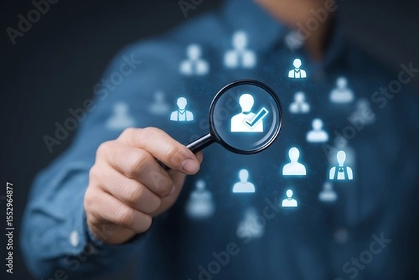 Fototapeta High quality photo of man holding a magnifying glass with a checkmark and a human icon on a virtual screen, representing the concept of the right choice or selection for an HR.