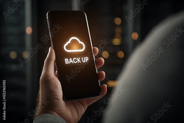 Obraz High quality photo of man holding a smartphone with a cloud symbol and the text "BACK UP" on the screen, representing a data protection concept. The man is using the phone to access.