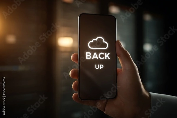 Fototapeta High quality photo of man holding a smartphone with a cloud symbol and the text "BACK UP" on the screen, representing a data protection concept. The man is using the phone to access.
